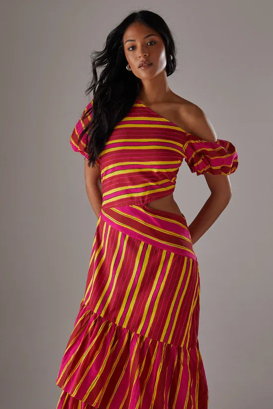 Mixed Print Poplin Fallen Shoulder Asymmetric Midi Dress