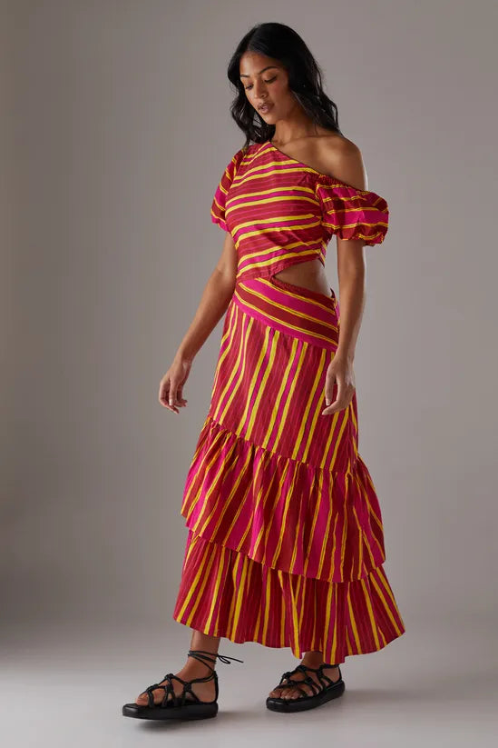 Mixed Print Poplin Fallen Shoulder Asymmetric Midi Dress
