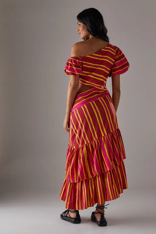 Mixed Print Poplin Fallen Shoulder Asymmetric Midi Dress