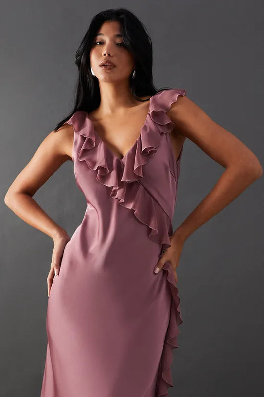 Satin Wrap Chiffon Frill Detail Midi Dress