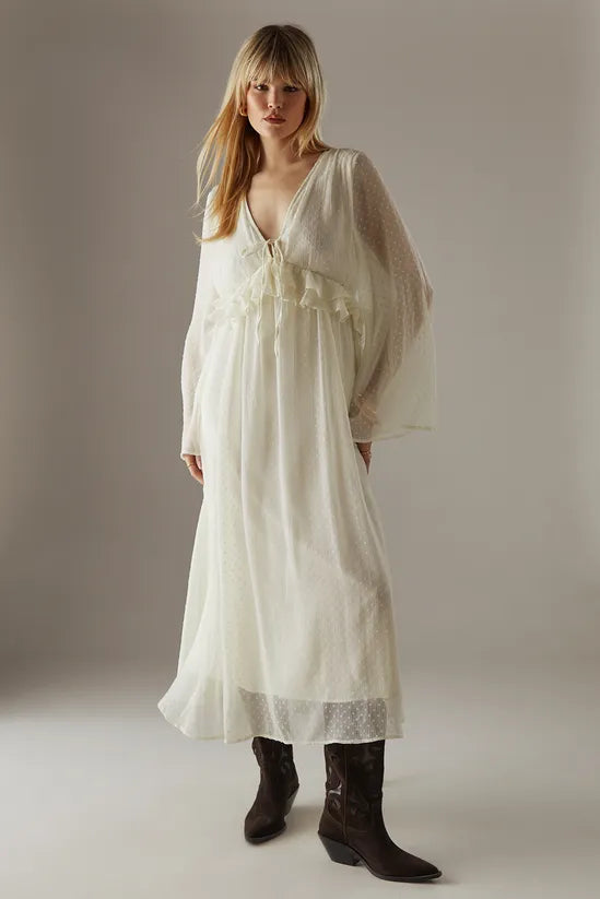 Dobby Chiffon Plunge Neck Ruffle Midi Smock Dress