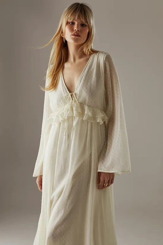 Dobby Chiffon Plunge Neck Ruffle Midi Smock Dress