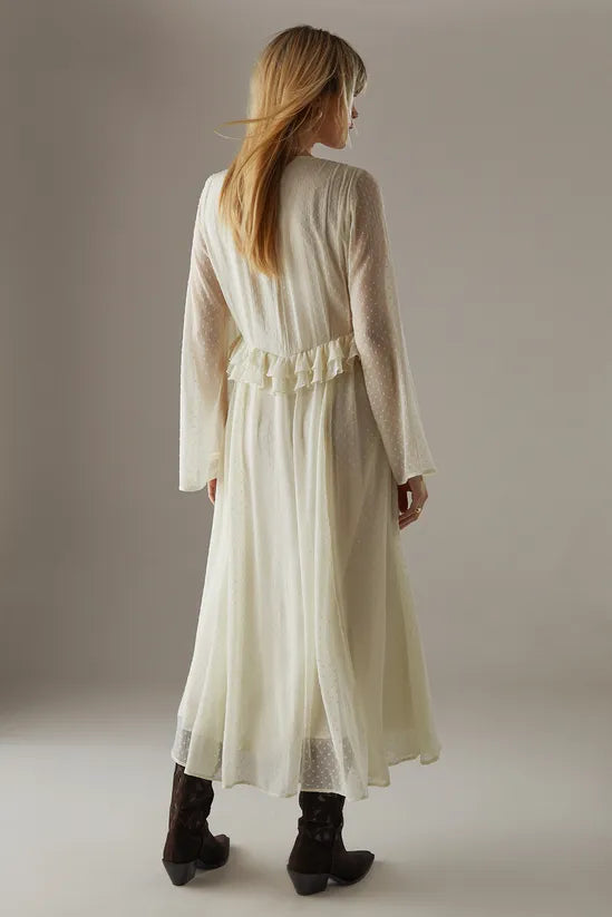 Dobby Chiffon Plunge Neck Ruffle Midi Smock Dress