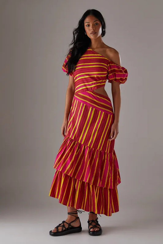 Mixed Print Poplin Fallen Shoulder Asymmetric Midi Dress