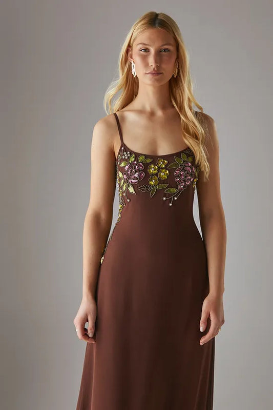 Hand Embellished Strappy Bias Sequin Midi Dress