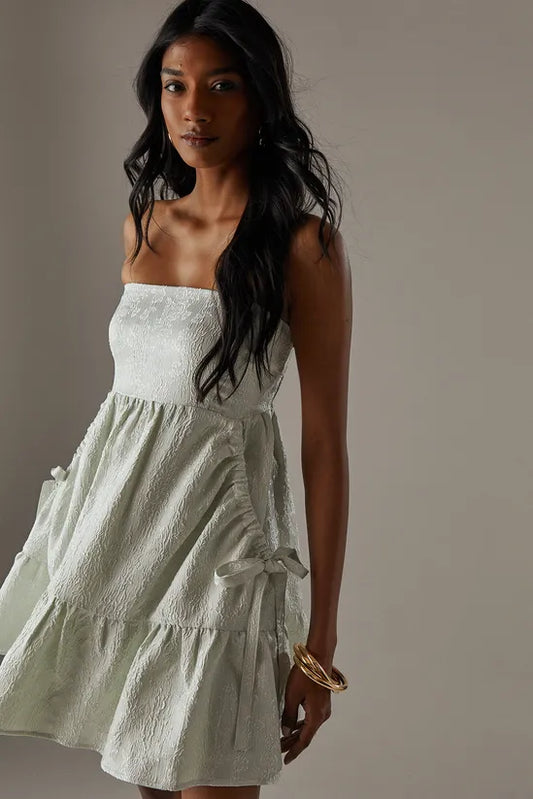 Jacquard Shirred Bandeau Bellow Pocket Mini Dress