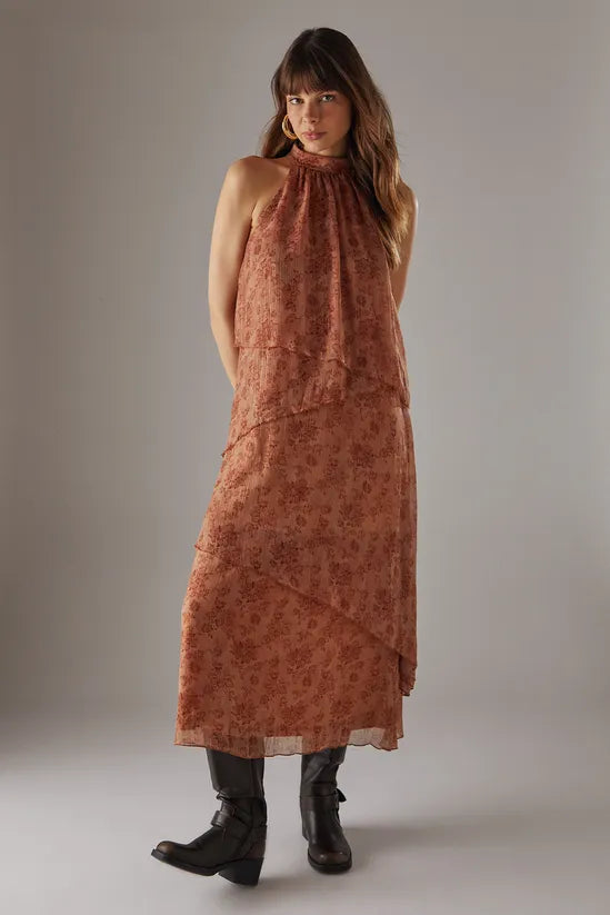 Chiffon Halter Ruffle Layer Maxi Dress