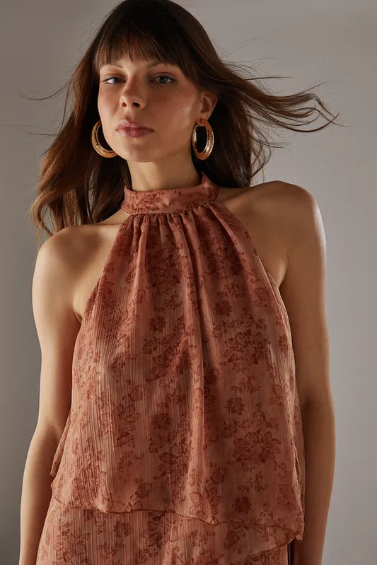 Chiffon Halter Ruffle Layer Maxi Dress