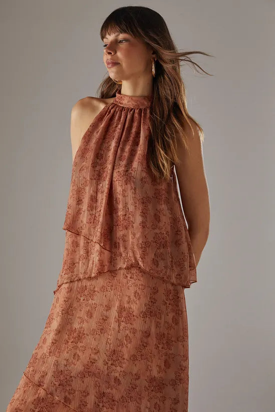 Chiffon Halter Ruffle Layer Maxi Dress